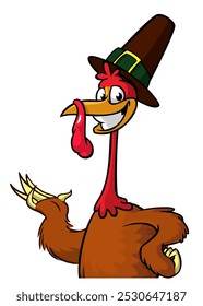 Cartoon happy cute thanksgiving turkey bird wearing pilgrim's hat. Vector illustration isolated. Design for Thanksgiving Day