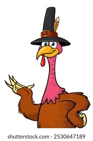 Cartoon happy cute thanksgiving turkey bird wearing pilgrim's hat. Vector illustration isolated. Design for Thanksgiving Day