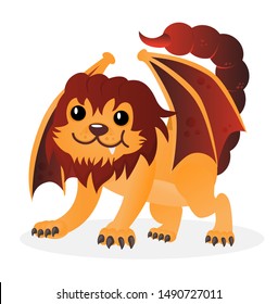 Cartoon happy cute vector little playful manticore. Funny chimera or sphinx. Design for print, emblem, t-shirt, party decoration, sticker, logotype.