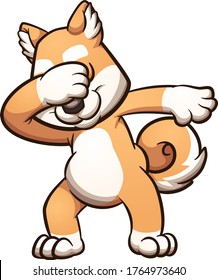 Cartoon happy dabbing Shiba dog. Vector clip art illustration with simple gradients. All in a single layer.
