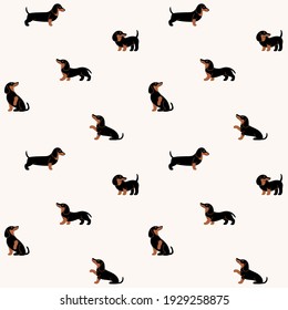 Dachshund feliz de dibujos animados - un patrón de moda sin fisuras con perros en varias poses. Ilustración vectorial plana para impresiones, ropa, embalaje y postales.