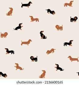 Cartoon happy dachshund - seamless trendy pattern with dogs in various poses. Flat vector illustration for prints, clothing, packaging and postcards.