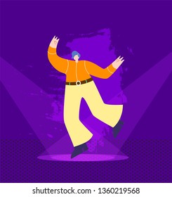 Cartoon Happy Dancing Country Cowboy Man Performing Showing Talent on Illuminated Nightclub Stage Disco Party Marathon Festival Vector Flat Style Illustration Night Competition Discotheque Concept