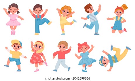 Cartoon fröhlich tanzen und springen Kinder Jungs und Mädchen. Kinder tanzen Feierlichkeit Freude. Ballett und Aerobic Posen. Kid-Zeichen haben Spaß Vektor Set. Jugend verbringt Freizeit aktiv und froh