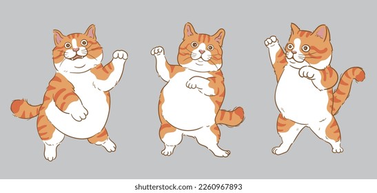 Cartoon happy dancing orange cat set