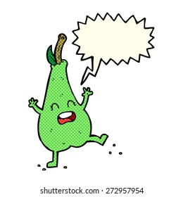 cartoon happy dancing pear with speech bubble
