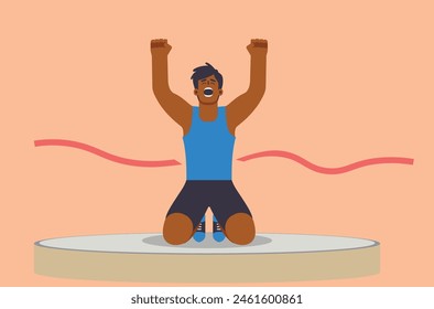 Cartoon happy dark skinned man, athlete sitting on the ground with hands raised in celebration, flat vector illustration, wearing blue tank top. Man on podium, pedestal.