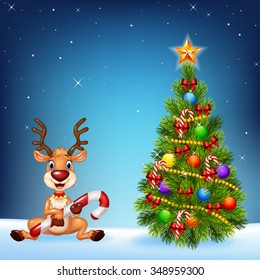 Cartoon happy deer with Christmas tree on a night sky background