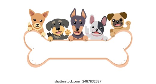 Cartoon happy different breeds of dogs with big bone sign for design.