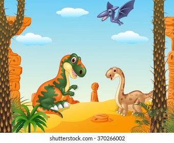 Cartoon happy dinosaur collection with prehistoric background