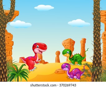 Cartoon happy dinosaur Collection with Prehistoric background