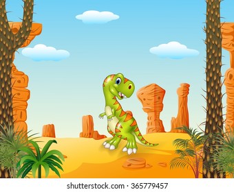 Cartoon Happy dinosaur with the desert background