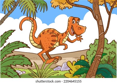 Cartoon happy dinosaur in the jungle