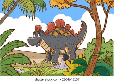 Cartoon happy dinosaur in the jungle