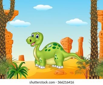 Cartoon happy dinosaur with prehistoric background