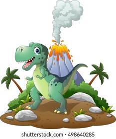 Cartoon happy dinosaur in the prehistoric background
