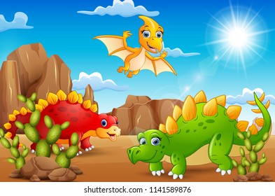 Cartoon happy dinosaurs living in the desert