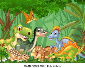 Cartoon happy dinosaurs living in the jungle