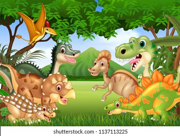 Cartoon happy dinosaurs living in the jungle