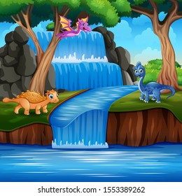 Cartoon happy dinosaurs on the nature
