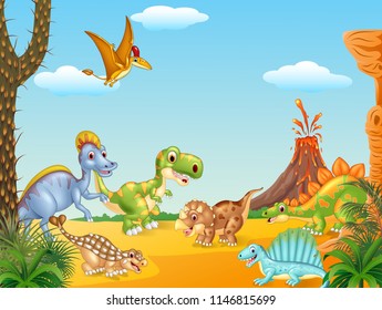 Cartoon happy dinosaurs with volcano