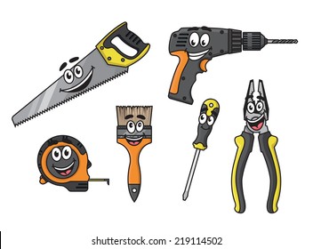 Cartoon happy diy tools characters with drill, ruler, screwdriver, pliers, brush and saw