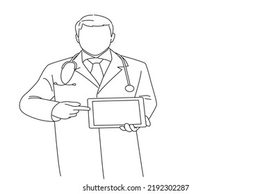 Cartoon of Happy Doctor Holding Blank Digital Tablet On White Background. Line art style
