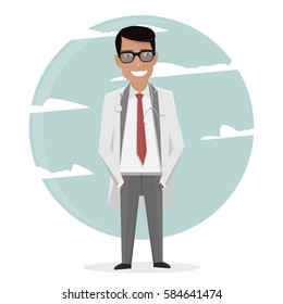 Cartoon happy doctor in uniform and tie. Character man.