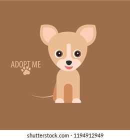 Cartoon happy dog. Adopt me. Cute pooch character. Funny baby puppy. Love Greeting card. Flat design. Brown background Isolated.