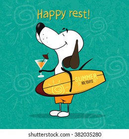 Cartoon happy dog holding a surfboard and a cocktail. 