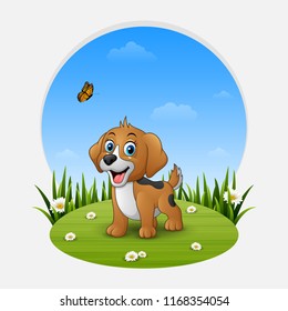 Cartoon happy dog on the grass