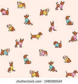 Cartoon happy dog with pullover. Trendy seamless pattern with toy Terrier, bulldog and dachshund. Flat vector illustration.