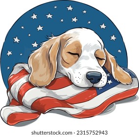 Caricatura: Perro feliz durmiendo detrás es americano, diseño de camisetas, ilustración de vectores