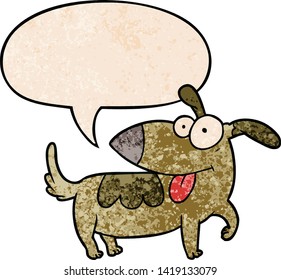 cartoon happy dog with speech bubble in retro texture style