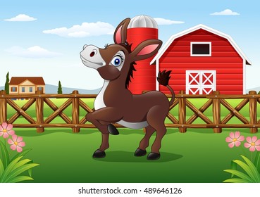 Cartoon happy donkey with farm background
