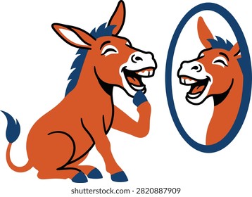 Cartoon happy donkey looking at reflection in mirror, animal mascot icon vector illustration on white background