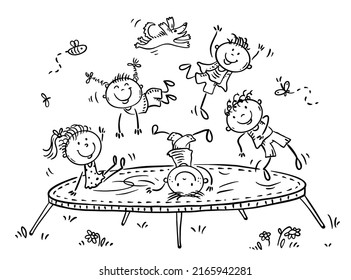 Cartoon happy doodle kids jumping on trampoline, outline illustration