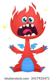Cartoon happy dragon with funny face expression sitting. Vector illustration isolated on white. Great for Halloween party or package design.
