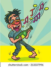 Cartoon happy Drunk man with bottle  singing and dancing, illustration  