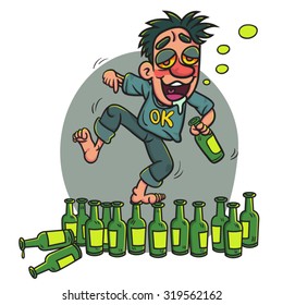 Cartoon Happy Drunk Man  Dancing  On Alcohol Bottles On The Floor, illustration  