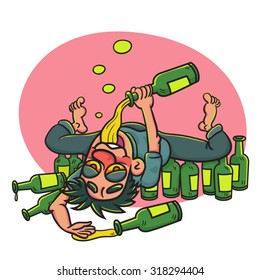 Cartoon Happy Drunk Man Drinking Lying  On Alcohol Bottles On The Floor, illustration  