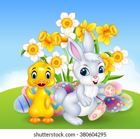 Cartoon happy duck and bunny with colourful Easter eggs