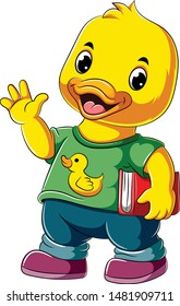 Cartoon happy duck holding book