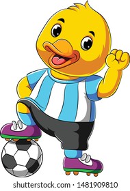 Cartoon happy duck playing soccer ball
