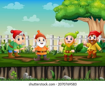 Cartoon of happy dwarves in the park