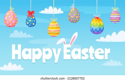 Cartoon happy easter banner with colorful painted eggs. Spring holiday greeting card with chocolate eggs and bunny ears vector illustration. Illustration of banner greeting with bunny and eggs