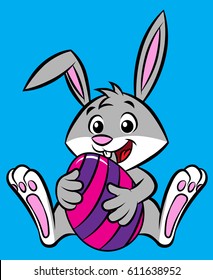 Cartoon Happy Easter Bunny Sitting With Egg