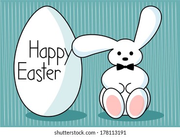 cartoon happy easter card with bunny sitting by the egg