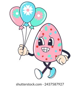 Caricatura feliz Pascua Personaje de huevo groovy con flor Personaje de vacaciones aislado sobre fondo blanco