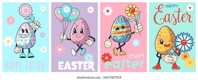 Caricatura feliz Pascua Groovy huevo poster set. Personaje de vacaciones aislado sobre fondo blanco